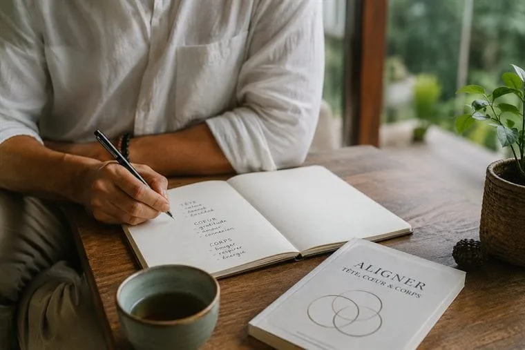 Personne écrivant à son bureau, moment d'introspection — relation à soi